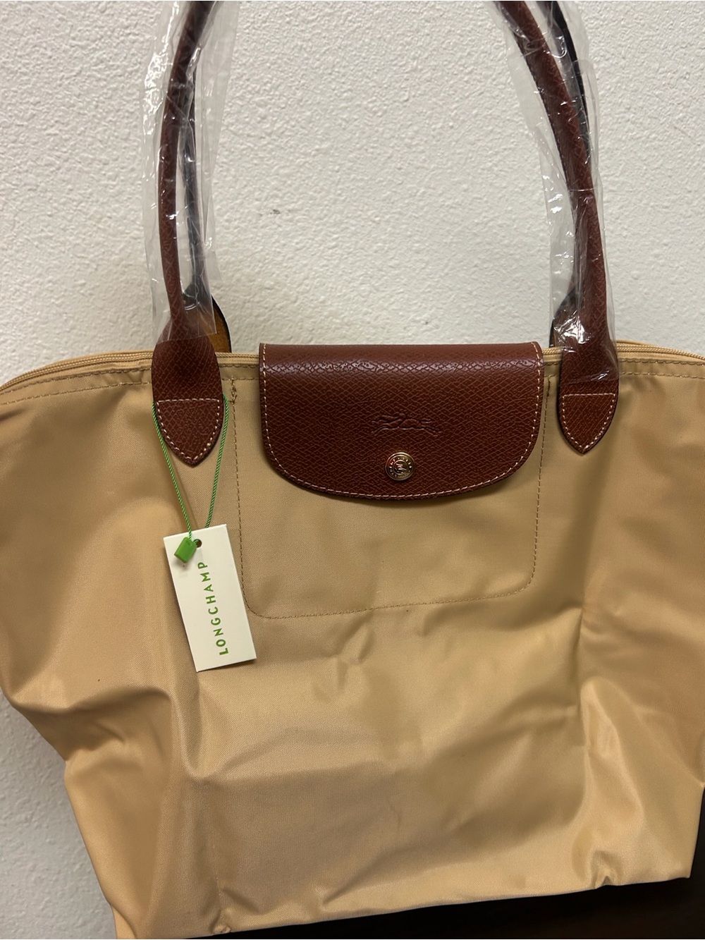 Longchamp Beige Tote with Brown Leather Trim